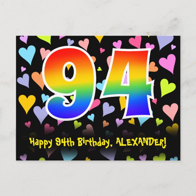 94th Birthday: Fun Hearts Pattern, Rainbow 94 Postcard (Front)