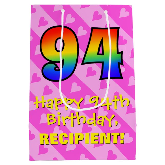 94th Birthday: Fun Pink Hearts Stripes; Rainbow 94 Medium Gift Bag (Back)