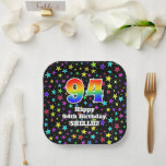 [ Thumbnail: 94th Birthday: Fun Stars Pattern and Rainbow “94” Paper Plates ]