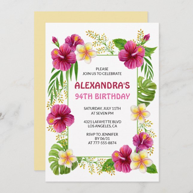94th birthday invitations Tropical Floral Pink (Front/Back)
