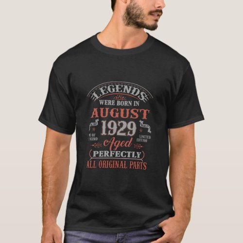 94th Birthday  Legends Born In August 1929 94 Year T_Shirt