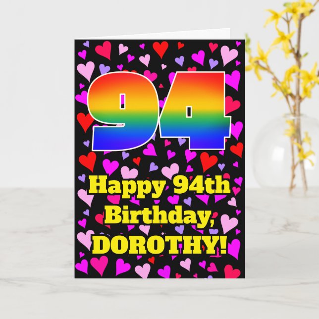 94th Birthday: Loving Hearts Pattern, Rainbow # 94 Card (Yellow Flower)
