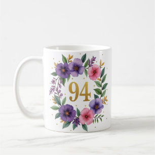 94th Birthday Mug – Floral Wreath with Gold Number