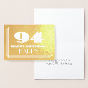 94th Birthday: Name + Art Deco Inspired Look "94" Foil Card