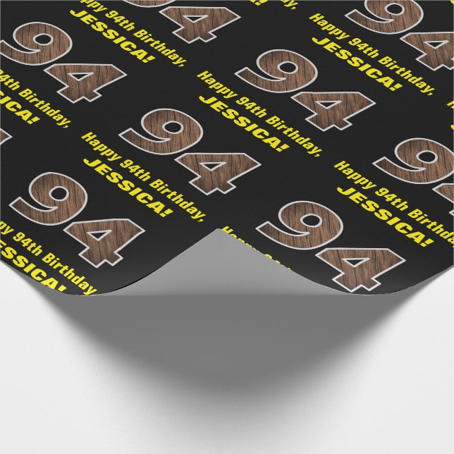 94th Birthday: Name & Faux Wood Grain Pattern "94" Wrapping Paper (Corner)
