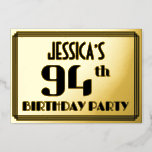 [ Thumbnail: 94th Birthday Party: Art Deco Look “94” and Name Invitation ]