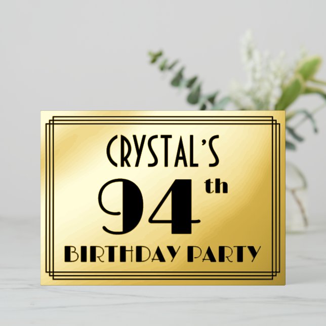 94th Birthday Party — Art Deco Look “94” + Name Foil Invitation (Standing Front)