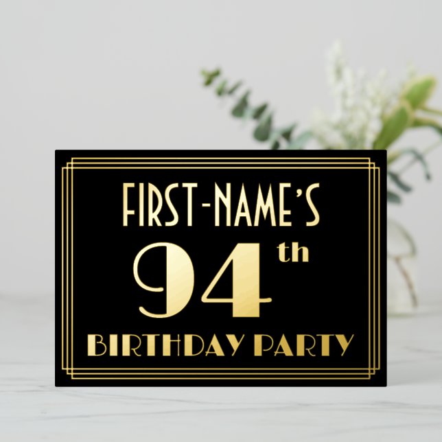 94th Birthday Party: Art Deco Look “94”, w/ Name Foil Invitation (Standing Front)