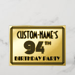 [ Thumbnail: 94th Birthday Party — Art Deco Style “94” & Name Invitation ]