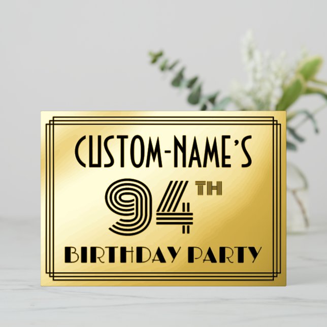 94th Birthday Party — Art Deco Style “94” & Name Foil Invitation (Standing Front)