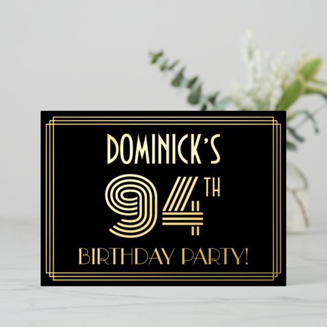 94th Birthday Party — Art Deco Style “94” + Name Foil Invitation (Standing Front)