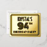 [ Thumbnail: 94th Birthday Party ~ Art Deco Style “94” + Name Postcard ]