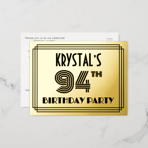 94th Birthday Party  Art Deco Style 94  Name Foil Invitation Postcard