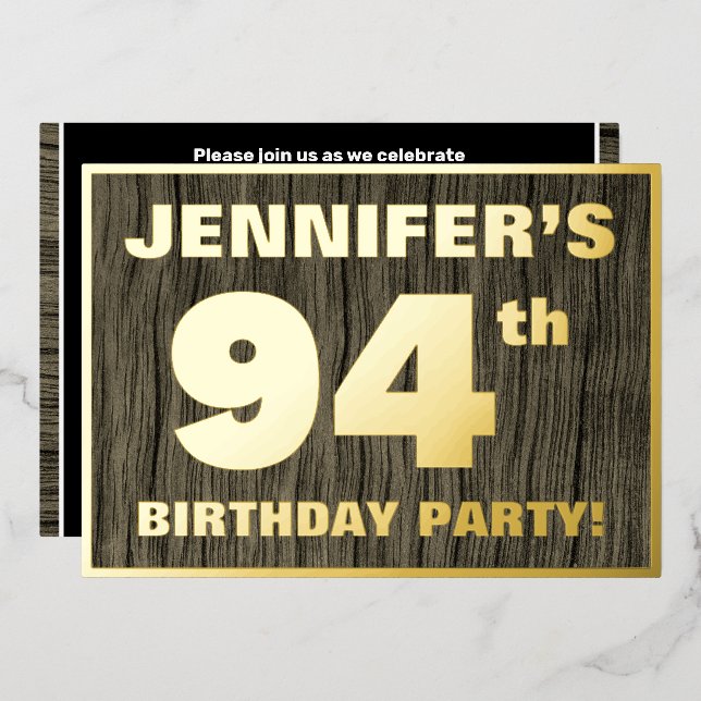 94th Birthday Party: Bold, Faux Wood Grain Pattern Foil Invitation (Front/Back)