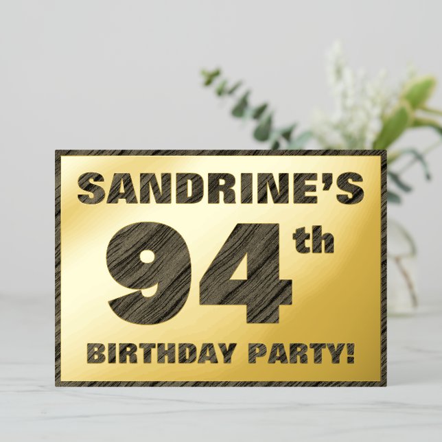 94th Birthday Party — Bold, Faux Wood Grain Text Foil Invitation (Standing Front)