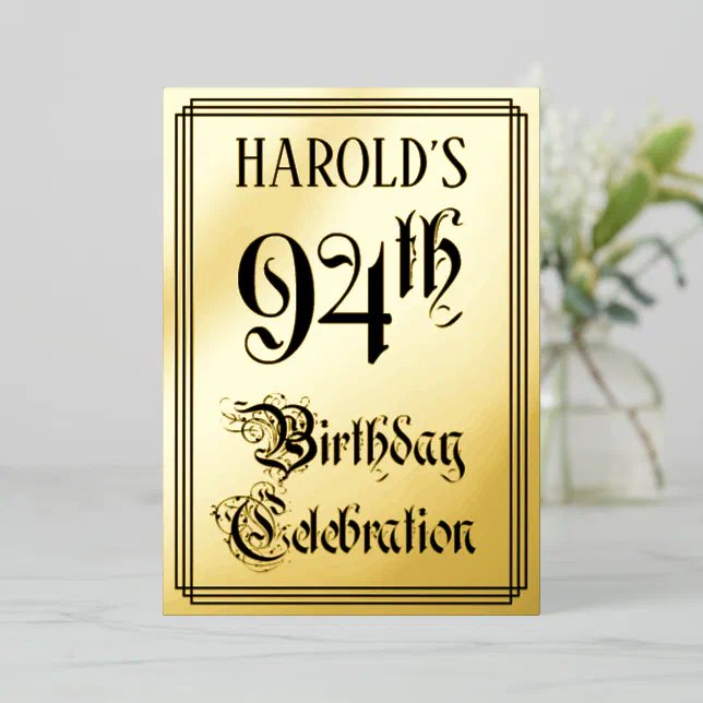 94th Script 94th Birthday Party — Elegant Script + Custom Name Foil Invitation | Zazzle