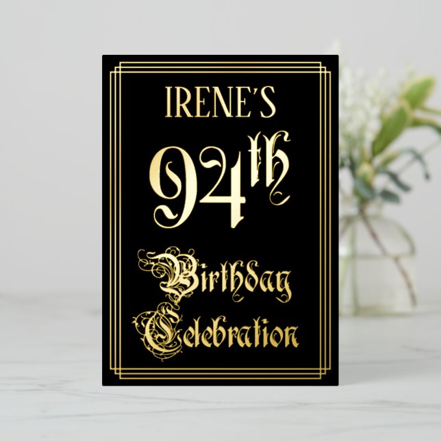 94th Birthday Party — Fancy Script & Custom Name Foil Invitation (Standing Front)