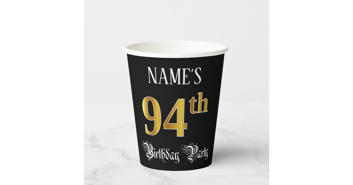 94th Script 94th Birthday Party — Fancy Script, Faux Gold Look Paper Cups | Zazzle