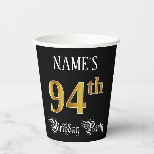 94th Birthday Party — Fancy Script, Faux Gold Look Paper Cups (Front)