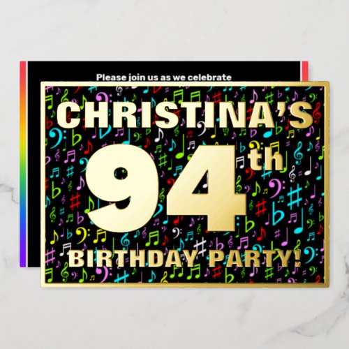 94th Birthday Party  Fun Colorful Music Symbols Foil Invitation