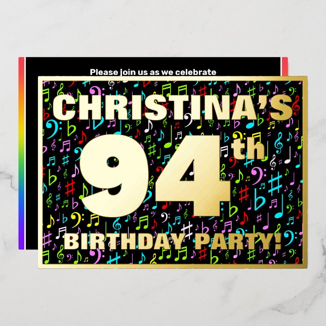 94th Birthday Party — Fun, Colorful Music Symbols Foil Invitation (Front/Back)