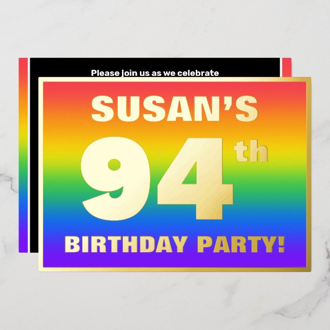 94th Birthday Party: Fun, Colorful Rainbow Pattern Foil Invitation (Front/Back)