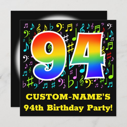 94th Birthday Party Fun Music Symbols Rainbow 94 Invitation
