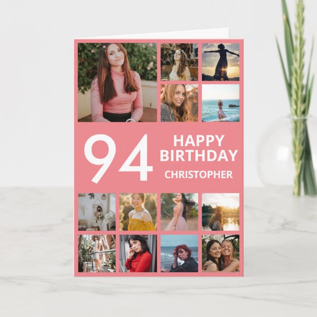 94th Birthday Photo Collage 13 Photos Pink & White Card (Front)