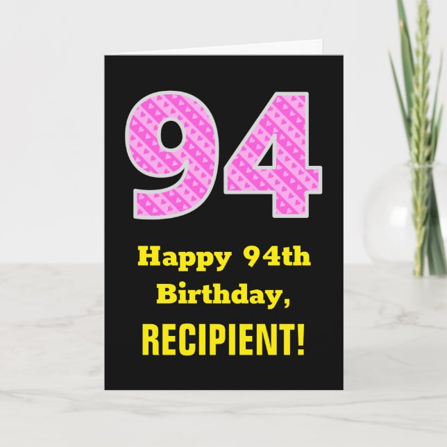 94th Birthday: Pink Stripes and Hearts "94" + Name Card (Front)