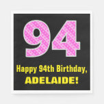 [ Thumbnail: 94th Birthday: Pink Stripes and Hearts "94" + Name Napkins ]