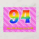 [ Thumbnail: 94th Birthday: Pink Stripes & Hearts, Rainbow 94 Postcard ]