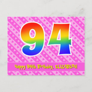 94th Birthday: Pink Stripes & Hearts, Rainbow 94 Postcard
