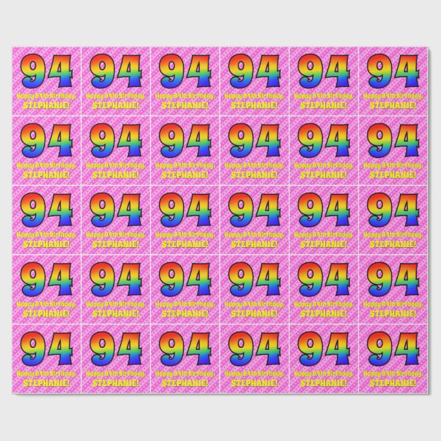 94th Birthday: Pink Stripes & Hearts, Rainbow # 94 Wrapping Paper (Flat)