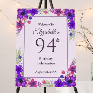 94th Birthday Purple Floral Welcome Sign