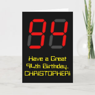 94th Birthday: Red Digital Clock Style "94" + Name Card