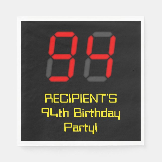 94th Birthday: Red Digital Clock Style "94" + Name Napkins (Front)
