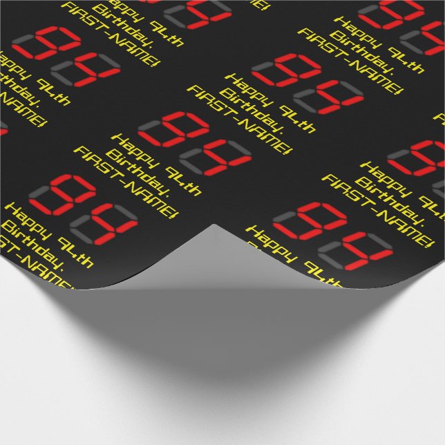94th Birthday: Red Digital Clock Style "94" + Name Wrapping Paper (Corner)