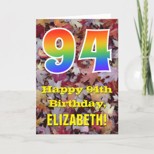 94th Birthday; Rustic Autumn Leaves; Rainbow "94" Card