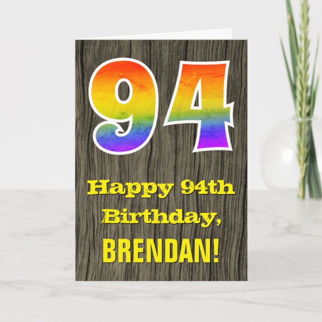 94th Birthday: Rustic Faux Wood Look, Rainbow "94" Card (Front)