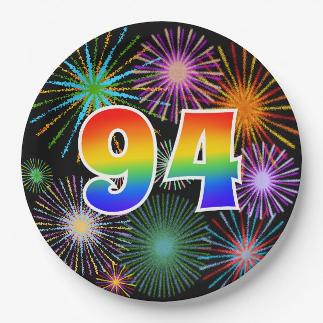94th Event - Fun, Colorful, Bold, Rainbow 94 Paper Plates (Front)