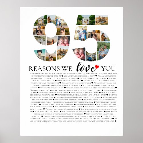95 reasons why we love you photo collage birthday poster