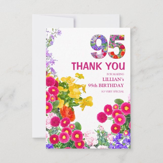 95 Years Elegant Garden Floral – 95th Birthday Thank You Card (Front)