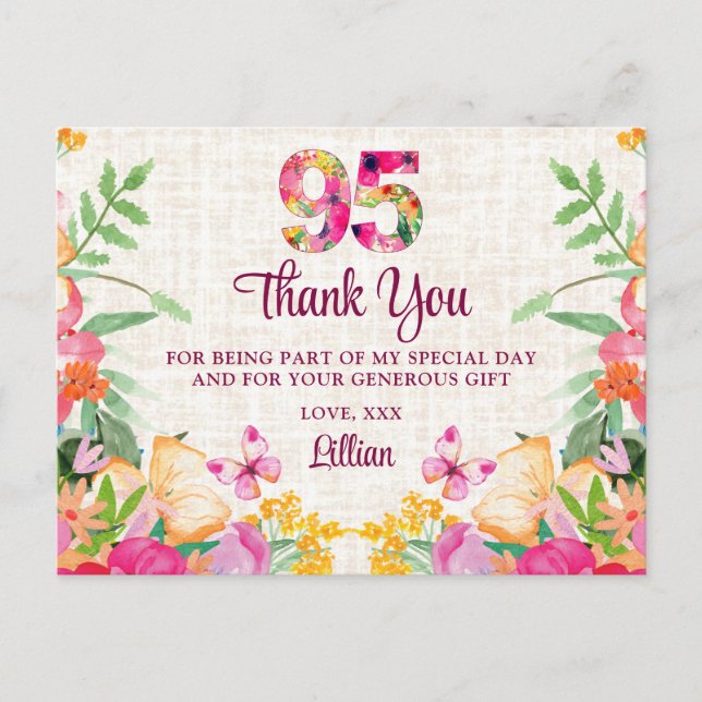 95 Years Flowers Floral Linen 95th Birthday Thanks Postcard (Front)