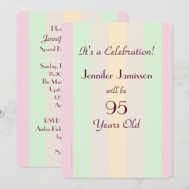 95 Years Old Pastel Striped Party Invite (Front/Back)