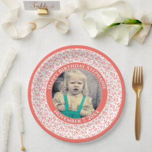 95 Your Photo Random Number Pattern Coral/White Paper Plates