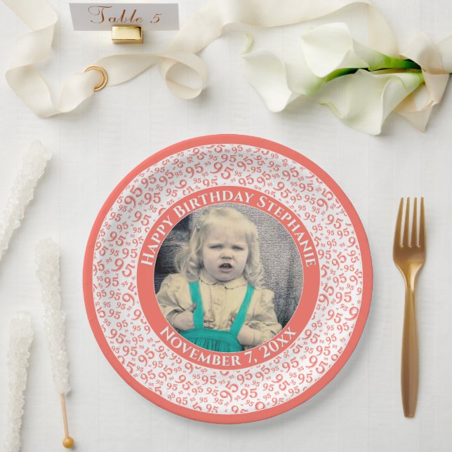 95 Your Photo Random Number Pattern Coral/White Paper Plates (Wedding)