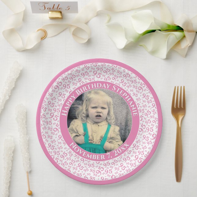 95 Your Photo Random Number Pattern Pink/White Paper Plates (Wedding)