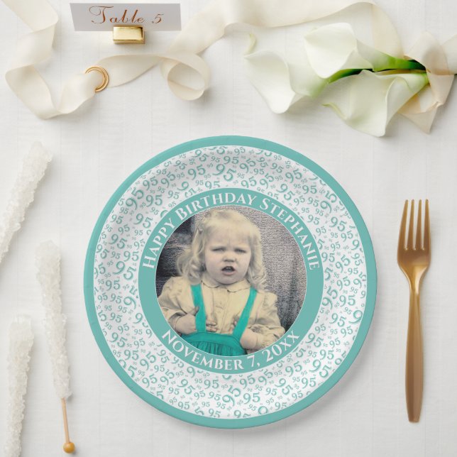 95 Your Photo Random Number Pattern Teal/White Paper Plates (Wedding)