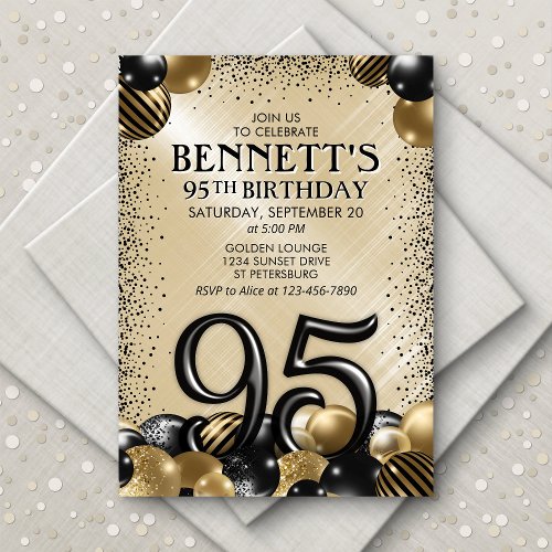 95th Balloons Black Gold Birthday Invitation