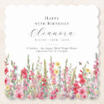 95th Birthday August Birth Flower Custom Paper Coaster<br><div class="desc">Perfect table decor for an August birthday party. Pink gladiolus is the birth flower for that month. It forms a pretty watercolor bottom border on this floral personalized coaster. The birthday guest of honor's name, age and birthdate are placed above it using elegant calligraphy and typography. All text is editable....</div>